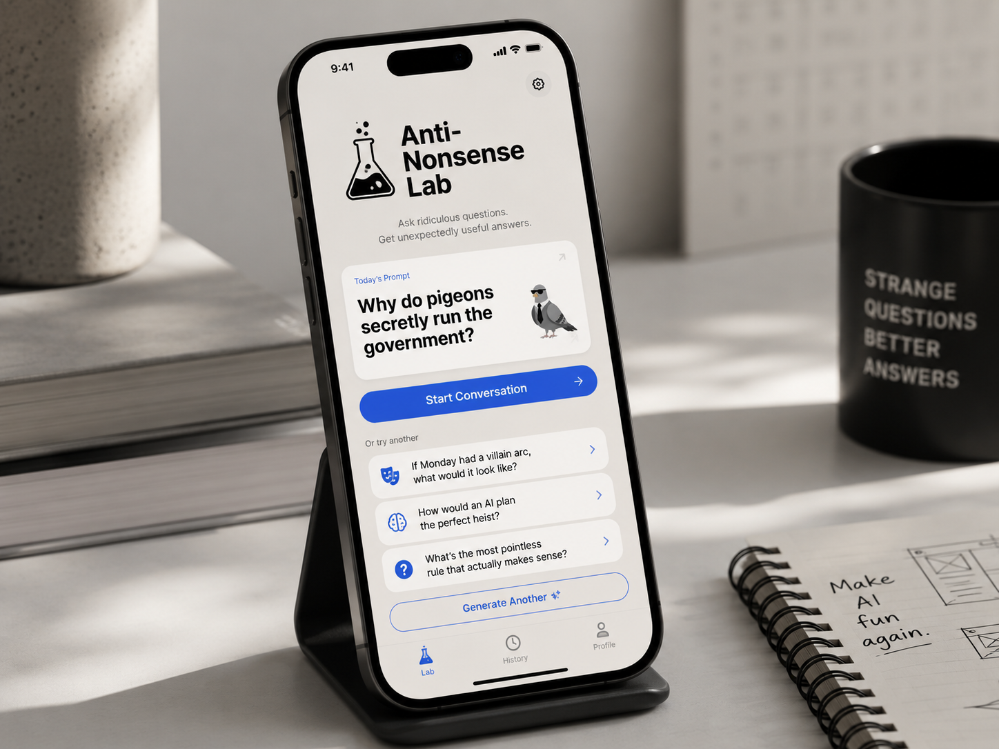 Anti Nonsense Lab app mockup on a desk